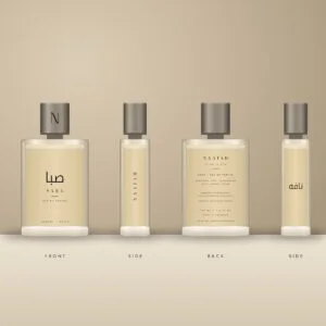 Saba Eau de Parfum bottle shown from the front, sides and back