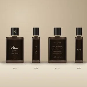 Siyah Eau de Parfum bottle shown from the front, sides and back