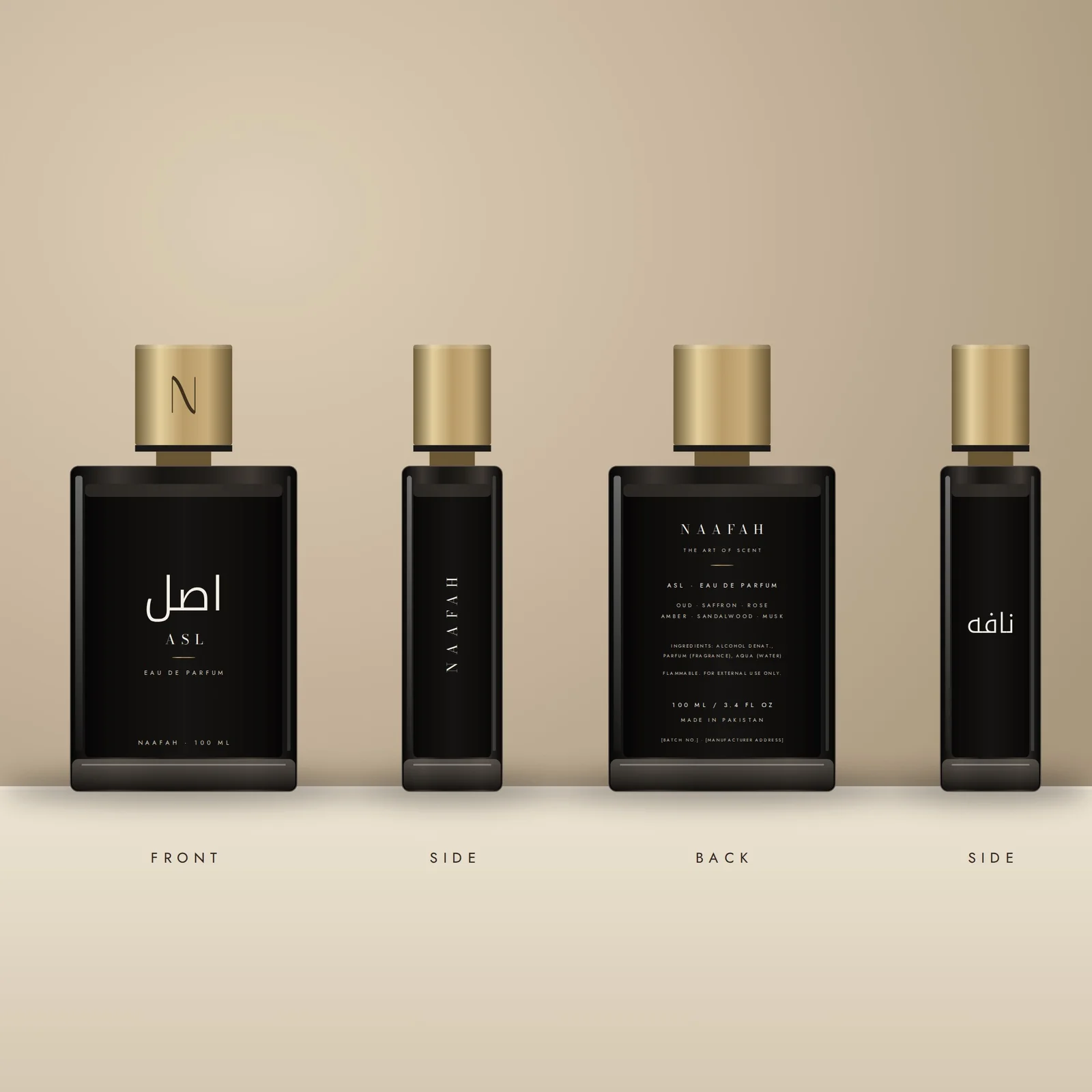 Asl Eau de Parfum bottle shown from the front, sides and back