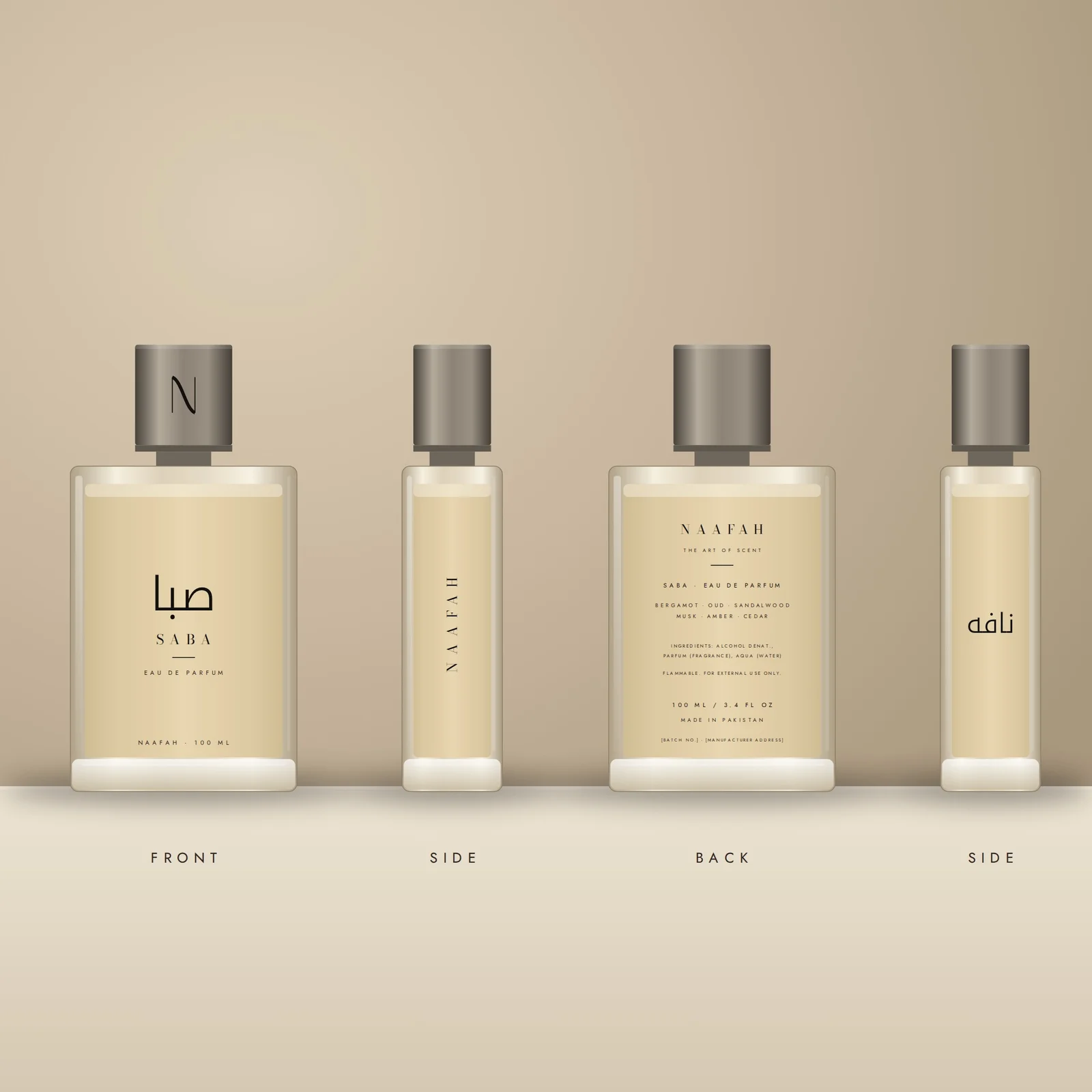 Saba Eau de Parfum bottle shown from the front, sides and back