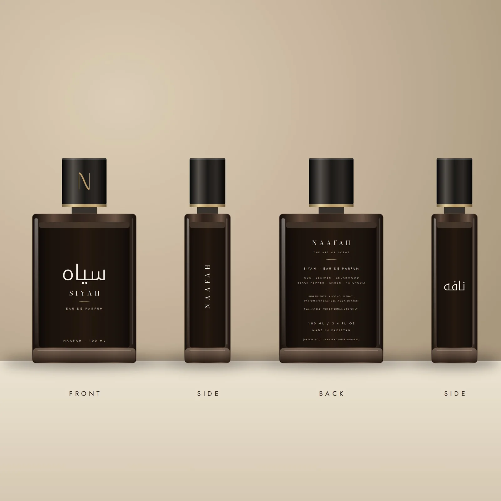 Siyah Eau de Parfum bottle shown from the front, sides and back